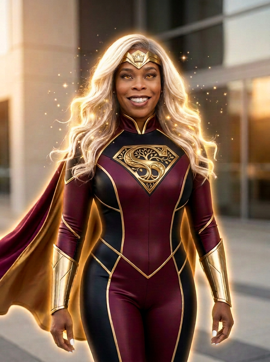 AKIRE in her burgundy and gold suit